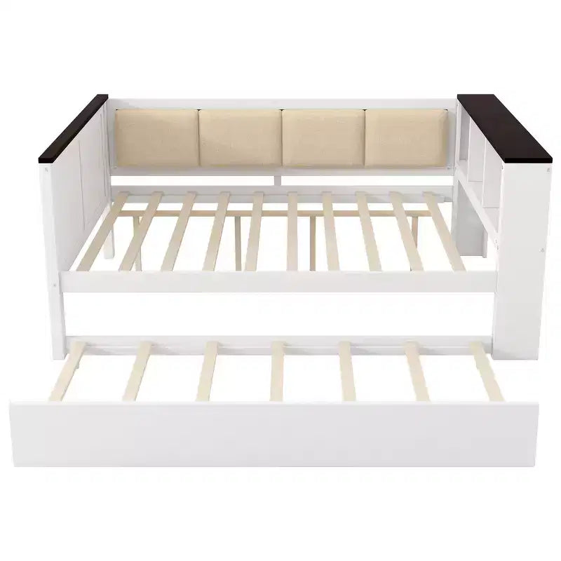 Lit de repos et cadre de lit simple Whisen en bois avec étagères de rangement, dossier rembourré et lit gigogne