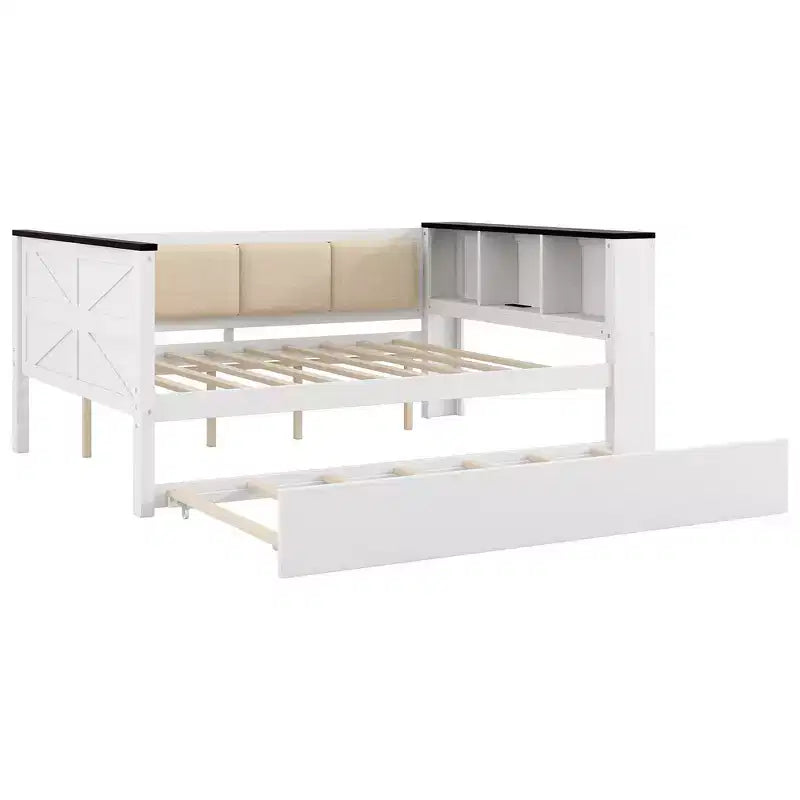 Lit de repos et cadre de lit simple Whisen en bois avec étagères de rangement, dossier rembourré et lit gigogne