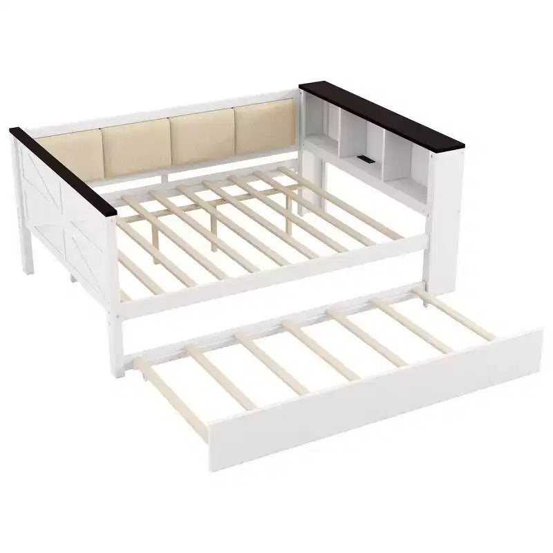 Lit de repos et cadre de lit simple Whisen en bois avec étagères de rangement, dossier rembourré et lit gigogne