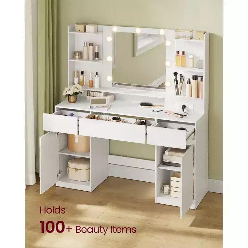 Coiffeuse avec 9 lumières LED et prises de courant, table de maquillage de 109,9 cm avec 2 armoires, 3 tiroirs et 8 compartiments, blanc nuage