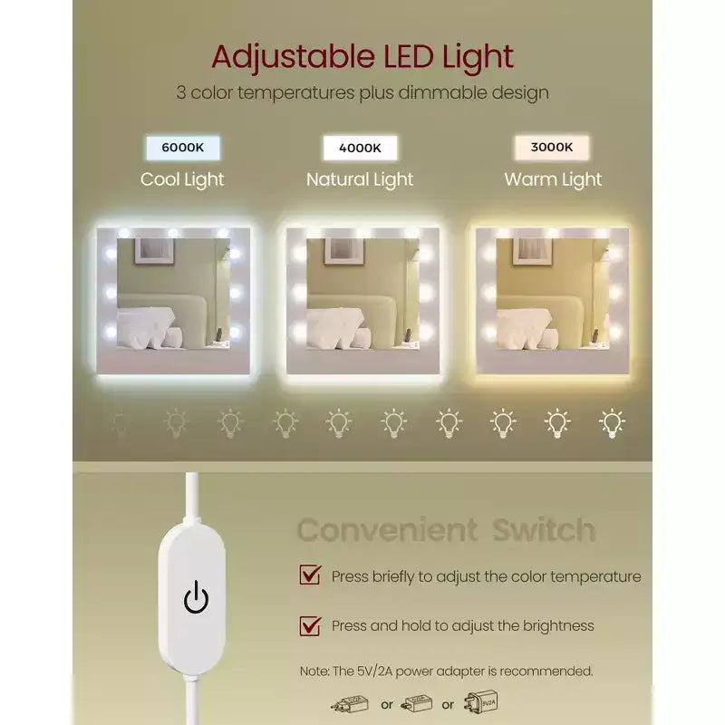 Coiffeuse avec 9 lumières LED et prises de courant, table de maquillage de 109,9 cm avec 2 armoires, 3 tiroirs et 8 compartiments, blanc nuage