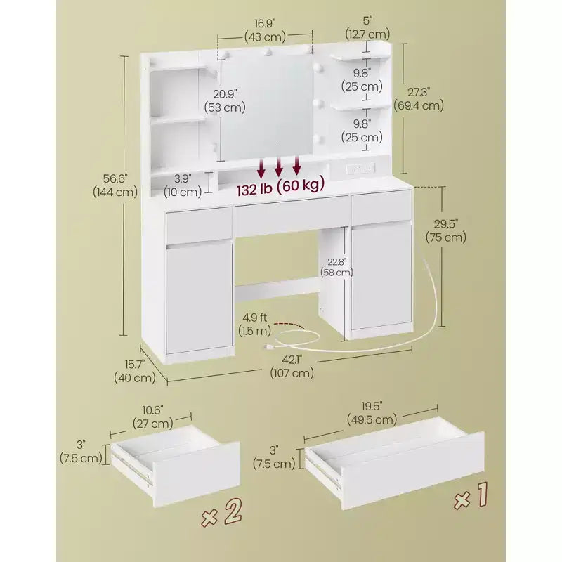 Coiffeuse avec 9 lumières LED et prises de courant, table de maquillage de 109,9 cm avec 2 armoires, 3 tiroirs et 8 compartiments, blanc nuage