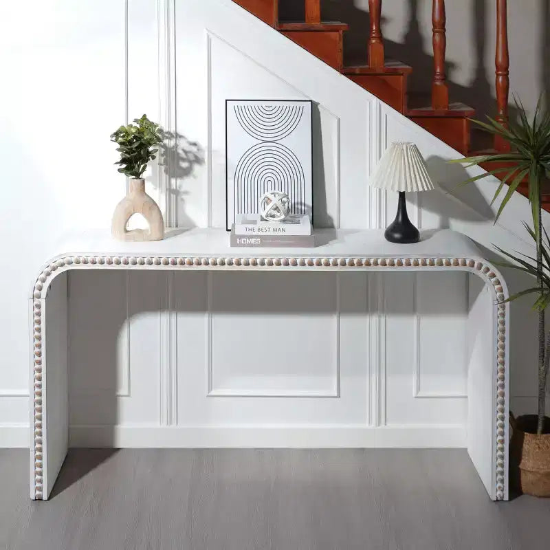 Console de 59 pouces avec rebord perlé, Table d'entrée longue et incurvée style ferme bohème pour salon, hall d'entrée - Panipeachy
