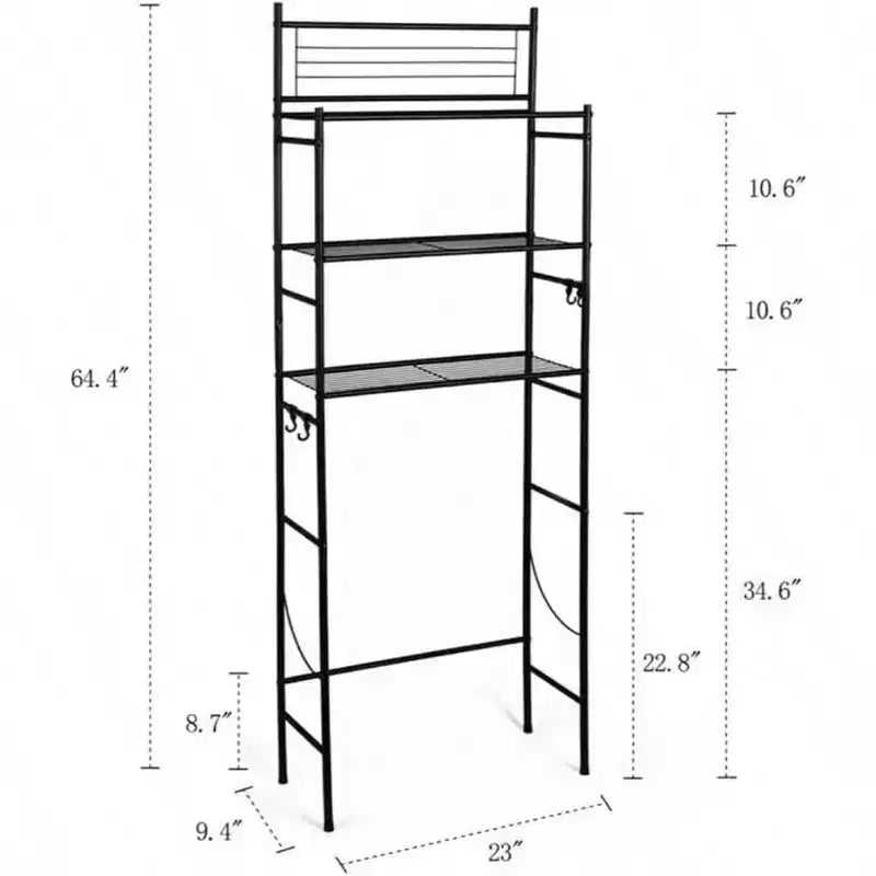 3 - Étagère autoportante à 4 niveaux pour toilettes, meuble de rangement, économiseur d'espace de salle de bain, comprend 4 crochets, noir