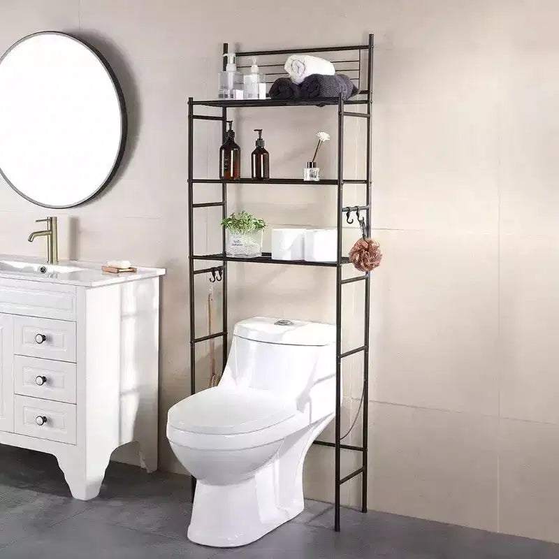 3 - Étagère autoportante à 4 niveaux pour toilettes, meuble de rangement, économiseur d'espace de salle de bain, comprend 4 crochets, noir