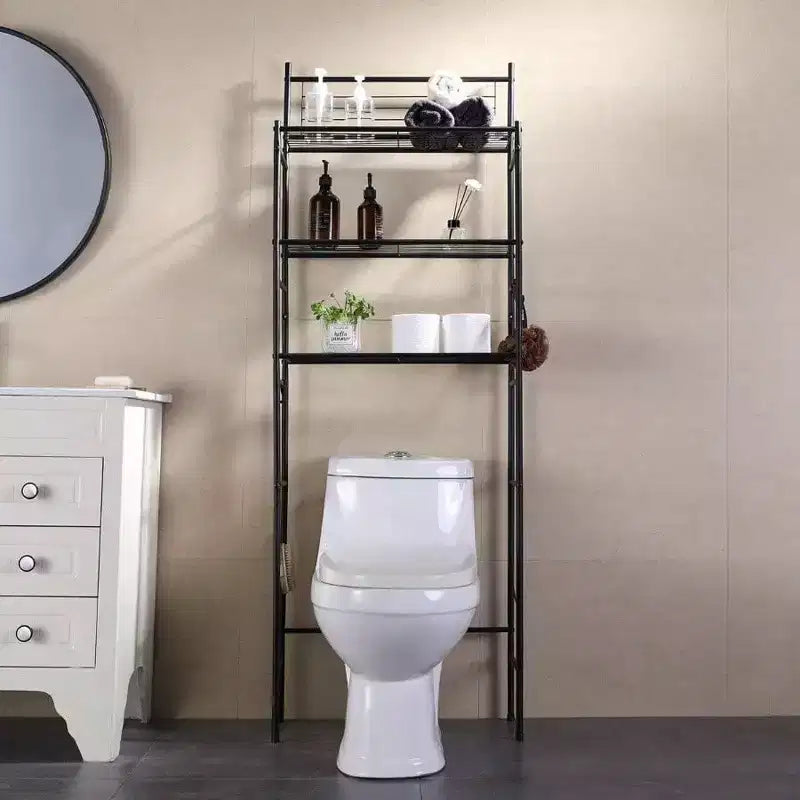 3 - Étagère autoportante à 4 niveaux pour toilettes, meuble de rangement, économiseur d'espace de salle de bain, comprend 4 crochets, noir