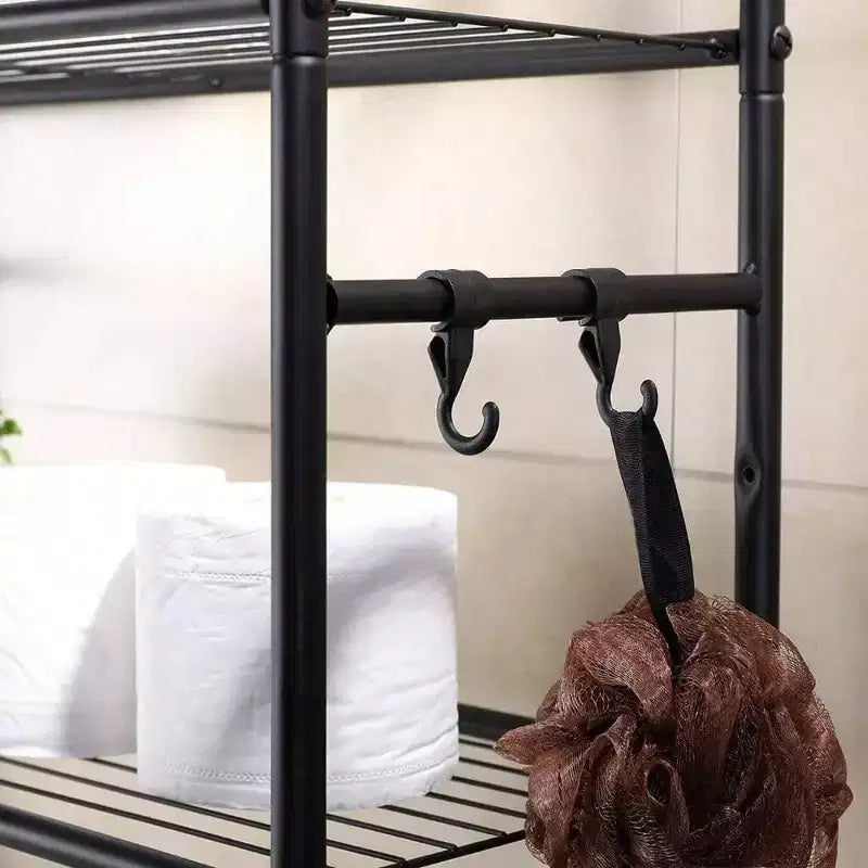 3 - Étagère autoportante à 4 niveaux pour toilettes, meuble de rangement, économiseur d'espace de salle de bain, comprend 4 crochets, noir
