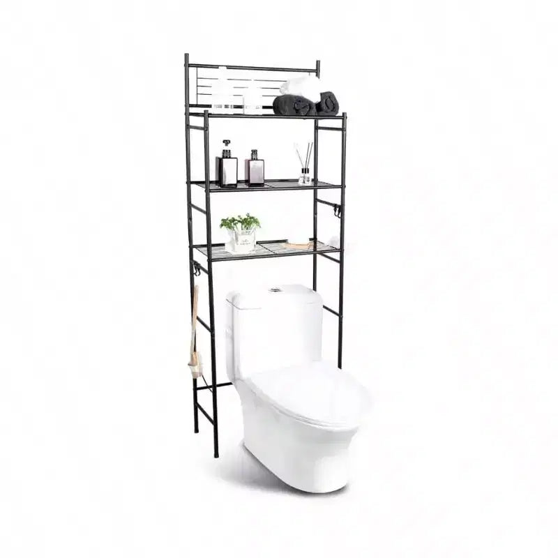 3 - Étagère autoportante à 4 niveaux pour toilettes, meuble de rangement, économiseur d'espace de salle de bain, comprend 4 crochets, noir