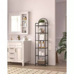 Étagère en verre trempé, bibliothèque 6 niveaux à cadre fin en acier noir pour chambre, salle de bain, bureau, étagère de rangement solide et robuste