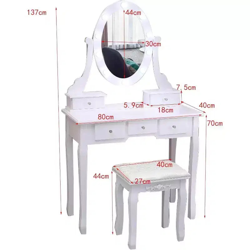 Coiffeuse, Ensemble de coiffeuse pour filles avec miroir éclairé et tabouret, Table de maquillage avec 5 tiroirs, Coiffeuse
