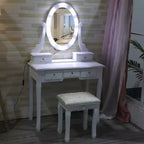 Coiffeuse, Ensemble de coiffeuse pour filles avec miroir éclairé et tabouret, Table de maquillage avec 5 tiroirs, Coiffeuse