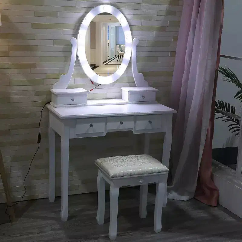 Coiffeuse, Ensemble de coiffeuse pour filles avec miroir éclairé et tabouret, Table de maquillage avec 5 tiroirs, Coiffeuse