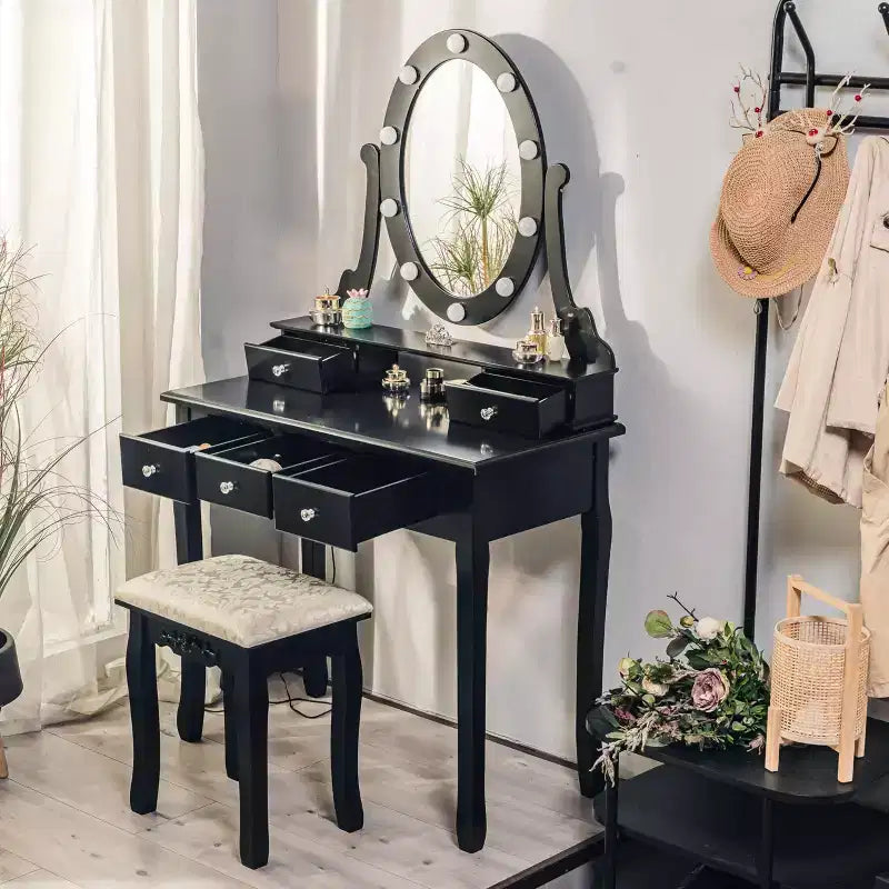 Coiffeuse, Ensemble de coiffeuse pour filles avec miroir éclairé et tabouret, Table de maquillage avec 5 tiroirs, Coiffeuse