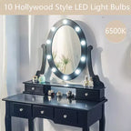Coiffeuse, Ensemble de coiffeuse pour filles avec miroir éclairé et tabouret, Table de maquillage avec 5 tiroirs, Coiffeuse