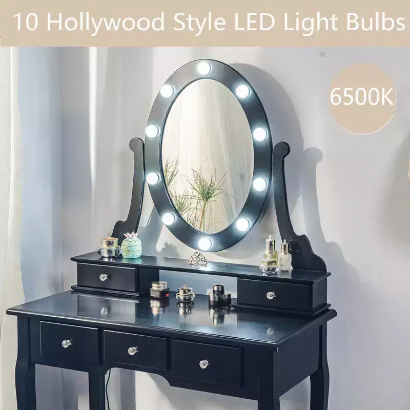 Coiffeuse, Ensemble de coiffeuse pour filles avec miroir éclairé et tabouret, Table de maquillage avec 5 tiroirs, Coiffeuse