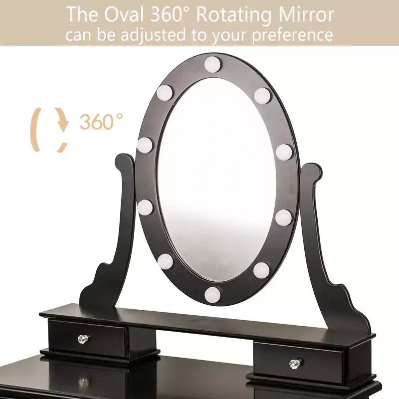 Coiffeuse, Ensemble de coiffeuse pour filles avec miroir éclairé et tabouret, Table de maquillage avec 5 tiroirs, Coiffeuse