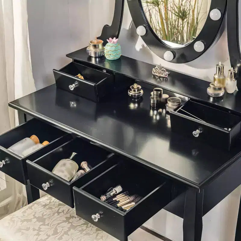 Coiffeuse, Ensemble de coiffeuse pour filles avec miroir éclairé et tabouret, Table de maquillage avec 5 tiroirs, Coiffeuse