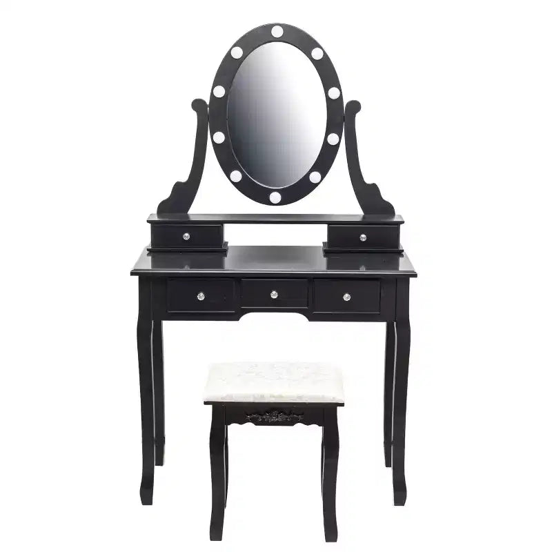 Coiffeuse, Ensemble de coiffeuse pour filles avec miroir éclairé et tabouret, Table de maquillage avec 5 tiroirs, Coiffeuse