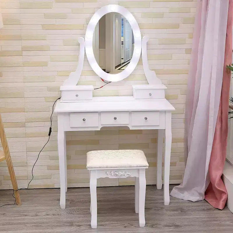 Coiffeuse, Ensemble de coiffeuse pour filles avec miroir éclairé et tabouret, Table de maquillage avec 5 tiroirs, Coiffeuse