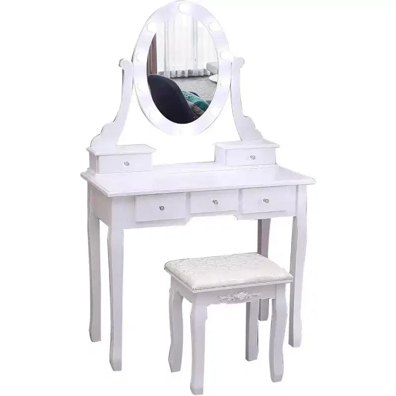 Coiffeuse, Ensemble de coiffeuse pour filles avec miroir éclairé et tabouret, Table de maquillage avec 5 tiroirs, Coiffeuse