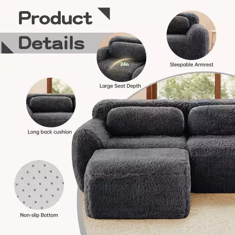 Canapés sectionnels sans accoudoirs en tissu peluche en forme de U, couleur Kaki Clair, 149 pouces, avec coussins décoratifs et 2 poufs (Connexion par boucles)