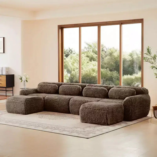 Canapés sectionnels sans accoudoirs en tissu peluche en forme de U, couleur Kaki Clair, 149 pouces, avec coussins décoratifs et 2 poufs (Connexion par boucles)
