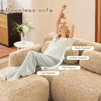 Canapés sectionnels sans accoudoirs en tissu peluche en forme de U, couleur Kaki Clair, 149 pouces, avec coussins décoratifs et 2 poufs (Connexion par boucles)