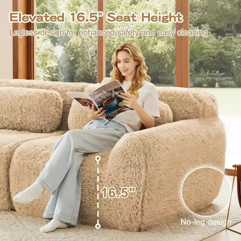 Canapés sectionnels sans accoudoirs en tissu peluche en forme de U, couleur Kaki Clair, 149 pouces, avec coussins décoratifs et 2 poufs (Connexion par boucles)