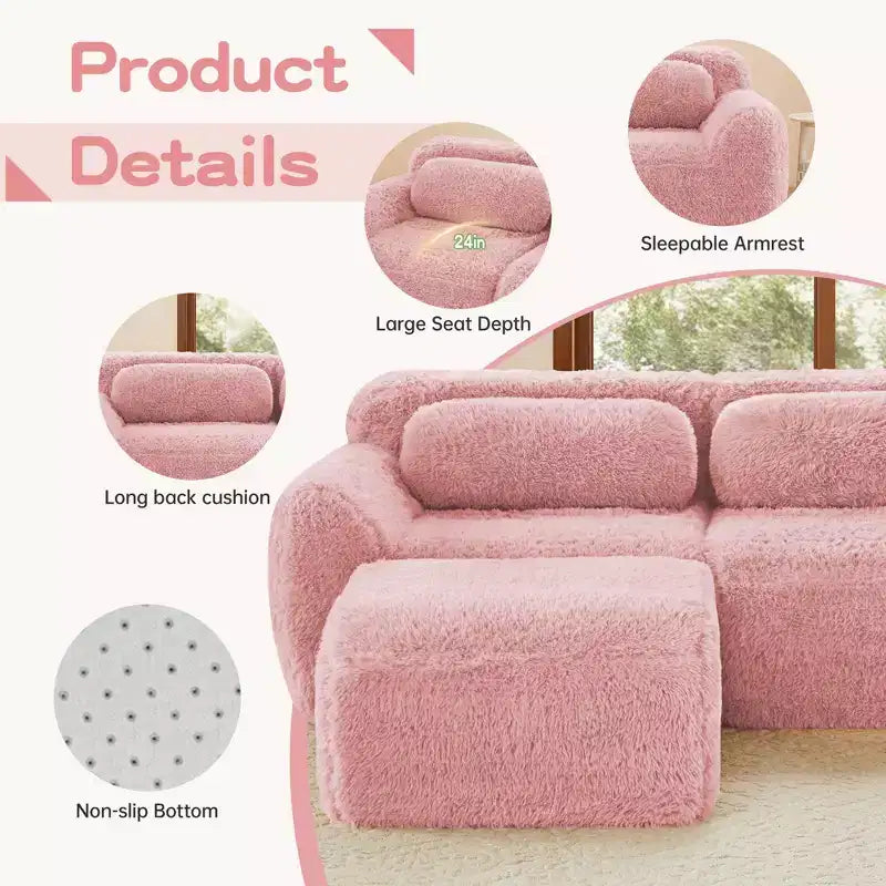 Canapés sectionnels sans accoudoirs en tissu peluche en forme de U, couleur Kaki Clair, 149 pouces, avec coussins décoratifs et 2 poufs (Connexion par boucles)