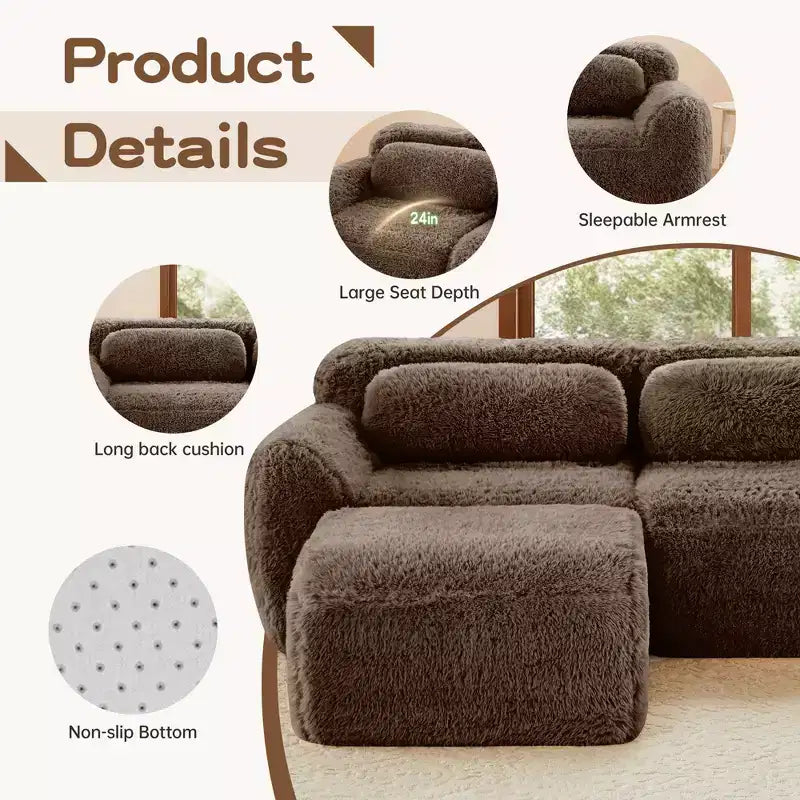 Canapés sectionnels sans accoudoirs en tissu peluche en forme de U, couleur Kaki Clair, 149 pouces, avec coussins décoratifs et 2 poufs (Connexion par boucles)