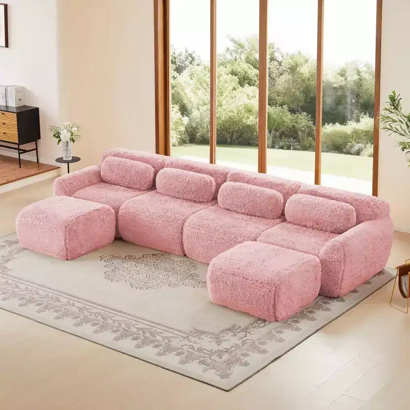 Canapés sectionnels sans accoudoirs en tissu peluche en forme de U, couleur Kaki Clair, 149 pouces, avec coussins décoratifs et 2 poufs (Connexion par boucles)