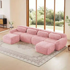 Canapés sectionnels sans accoudoirs en tissu peluche en forme de U, couleur Kaki Clair, 149 pouces, avec coussins décoratifs et 2 poufs (Connexion par boucles)