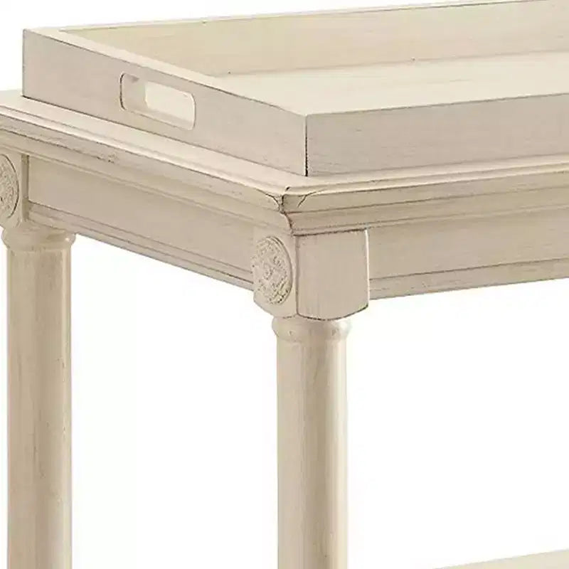 Table plateau en bois à 2 niveaux de 32 pouces avec roulettes, blanc antique - BM157309