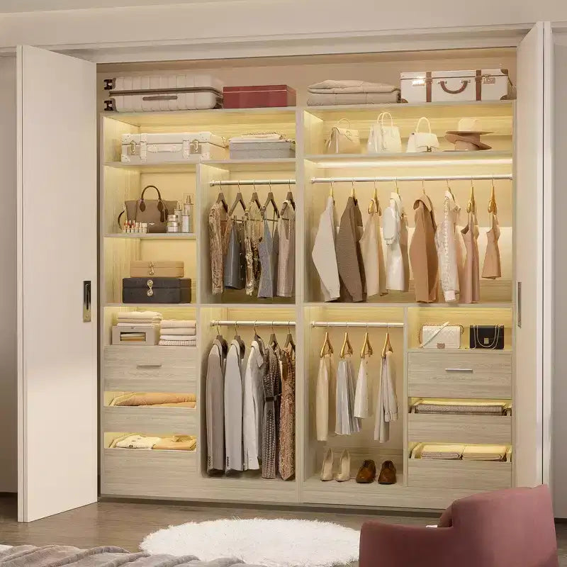 Besiost Set of 2 Closet System with Wood Drawers, Freestanding Closet Organizer with Hanging Rods