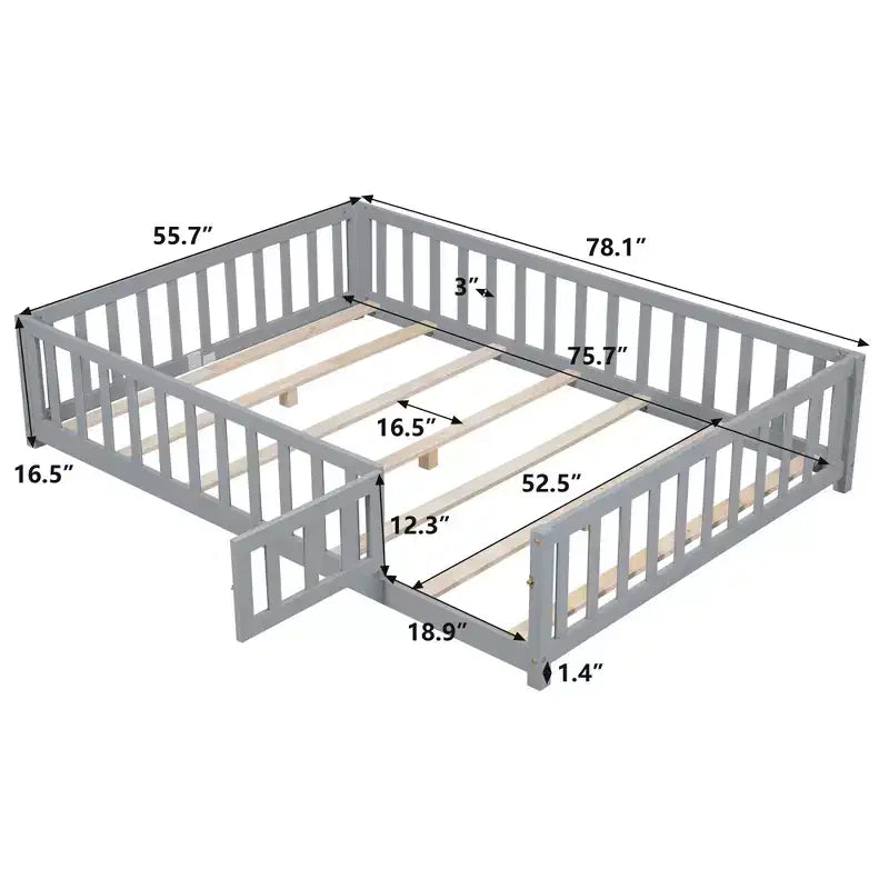 TUYOHW Lit au sol pleine grandeur pour tout-petits avec lattes de support et porte, lit Montessori moderne avec barrières de sécurité pour chambre à coucher