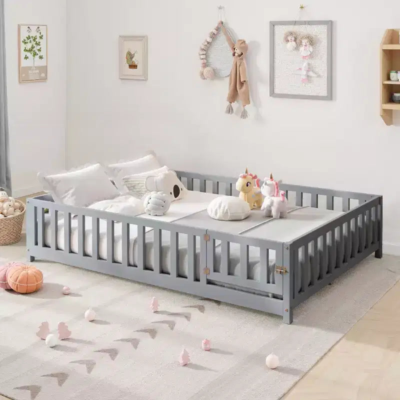 TUYOHW Lit au sol pleine grandeur pour tout-petits avec lattes de support et porte, lit Montessori moderne avec barrières de sécurité pour chambre à coucher