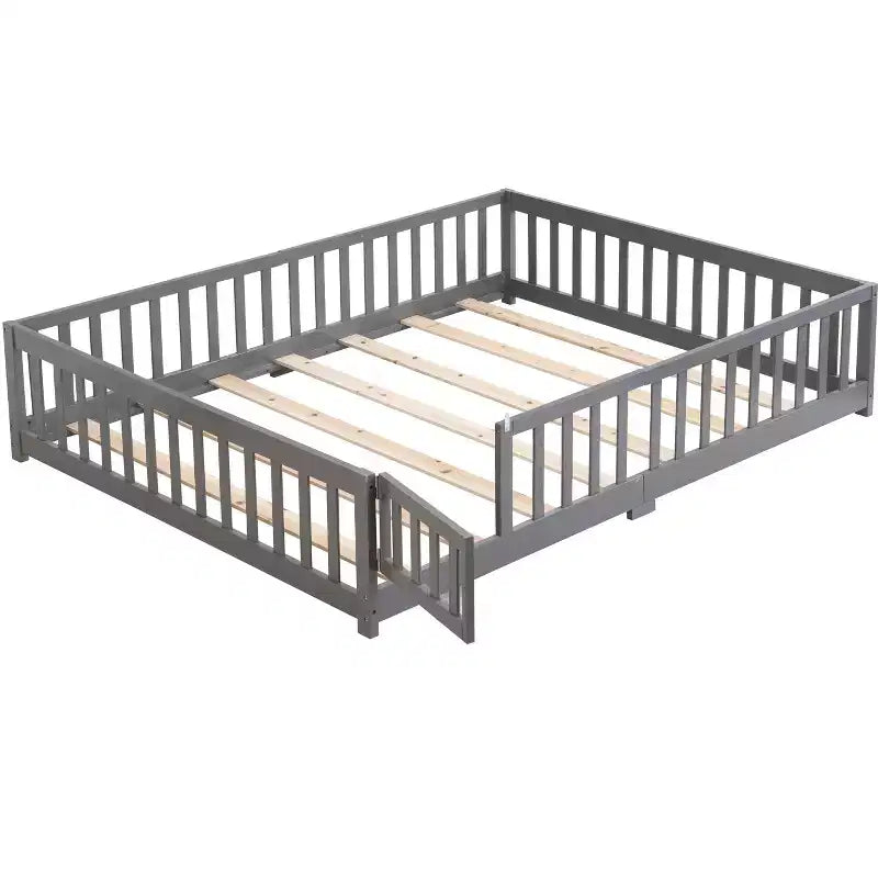 TUYOHW Lit au sol pleine grandeur pour tout-petits avec porte pour enfants, lit Montessori moderne en forme de maison avec clôture pour chambre à coucher
