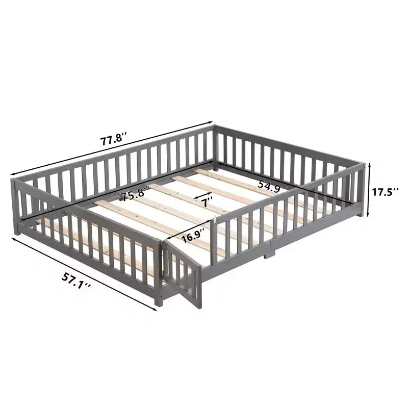 TUYOHW Lit au sol pleine grandeur pour tout-petits avec porte pour enfants, lit Montessori moderne en forme de maison avec clôture pour chambre à coucher