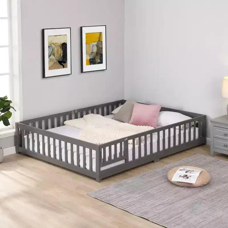 TUYOHW Lit au sol pleine grandeur pour tout-petits avec porte pour enfants, lit Montessori moderne en forme de maison avec clôture pour chambre à coucher