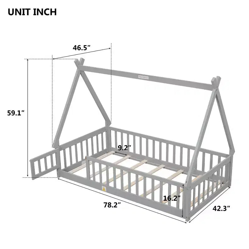 Lit d'enfant au sol TUYOHW, taille double, avec barrière de sécurité très haute, lit Montessori moderne avec porte pour chambre à coucher