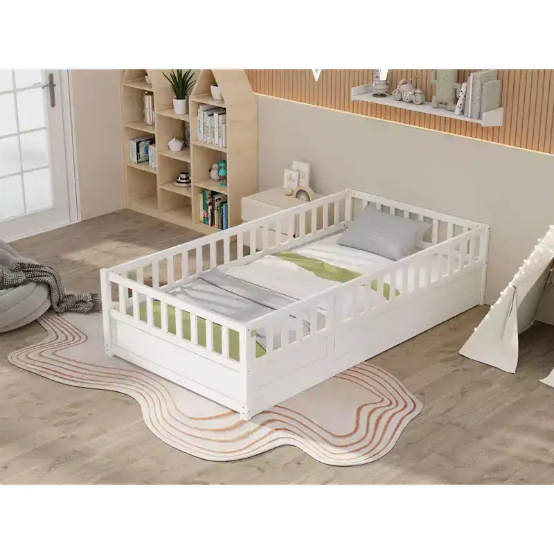 Lit d'enfant au sol TUYOHW, taille double, avec barrière de sécurité très haute, lit Montessori moderne avec porte pour chambre à coucher
