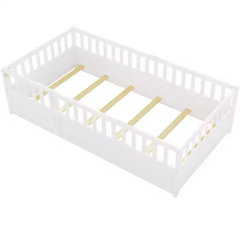 Lit d'enfant au sol TUYOHW, taille double, avec barrière de sécurité très haute, lit Montessori moderne avec porte pour chambre à coucher