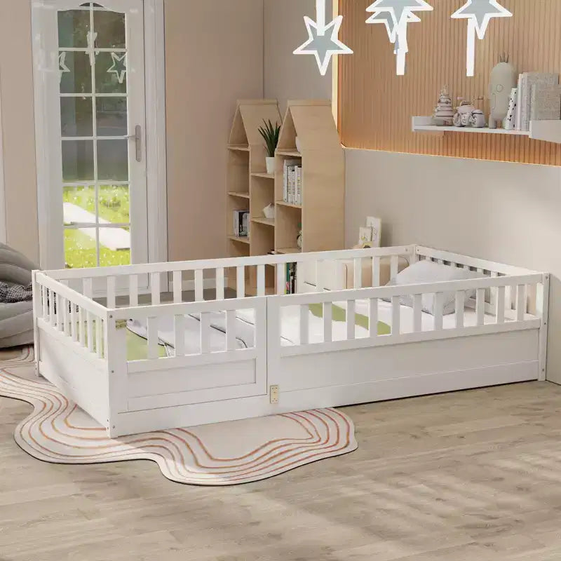 Lit d'enfant au sol TUYOHW, taille double, avec barrière de sécurité très haute, lit Montessori moderne avec porte pour chambre à coucher