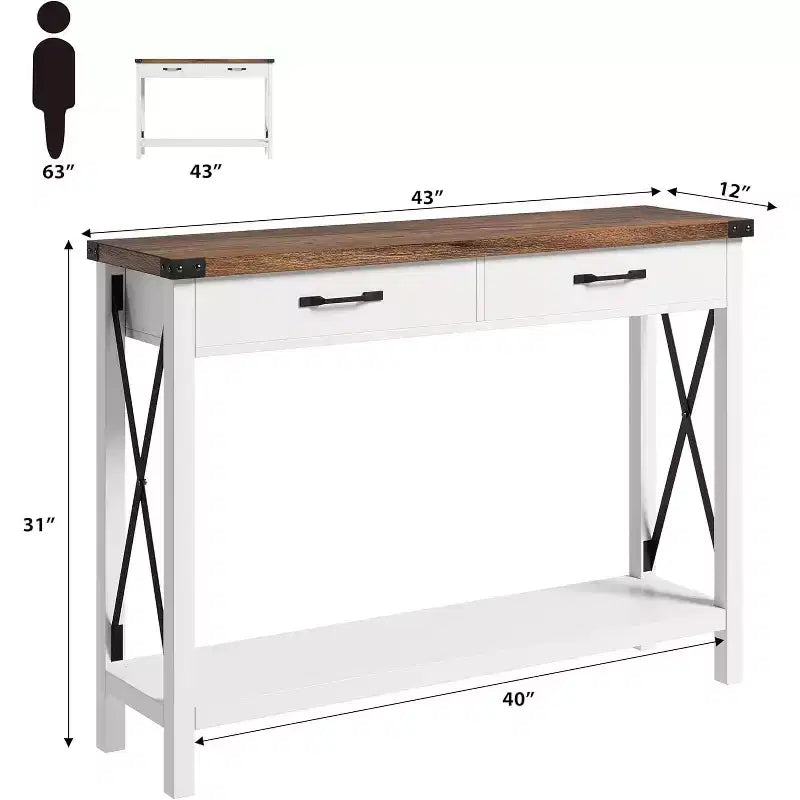 43 Console de table avec tiroirs et étagère ouverte, Table d'entrée, Table de canapé étroite à 2 niveaux pour l'entrée, le salon, le couloir, Blanc