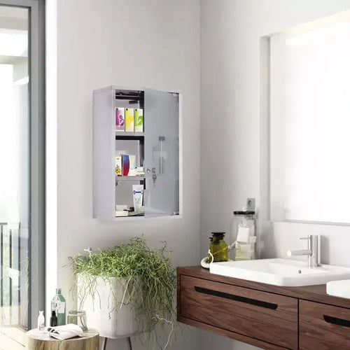 Armoire à pharmacie verrouillable 12 x 20, boîte murale médicale en acier inoxydable à 3 niveaux avec 2 clés et étagères pour salle de bain