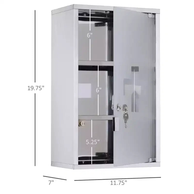Armoire à pharmacie verrouillable 12 x 20, boîte murale médicale en acier inoxydable à 3 niveaux avec 2 clés et étagères pour salle de bain