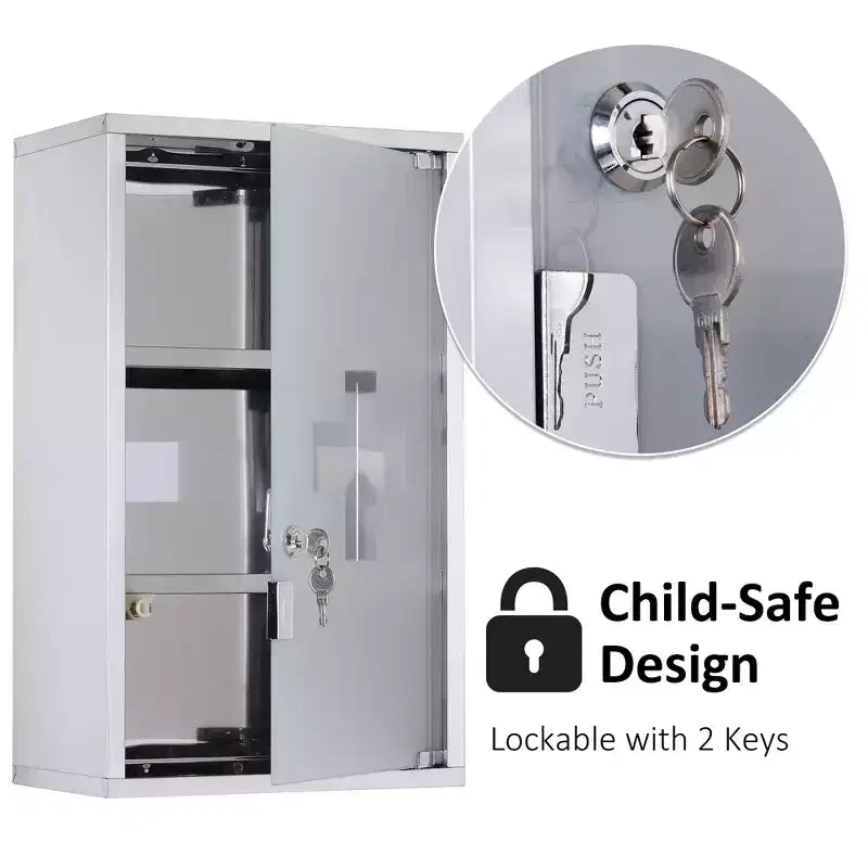 Armoire à pharmacie verrouillable 12 x 20, boîte murale médicale en acier inoxydable à 3 niveaux avec 2 clés et étagères pour salle de bain