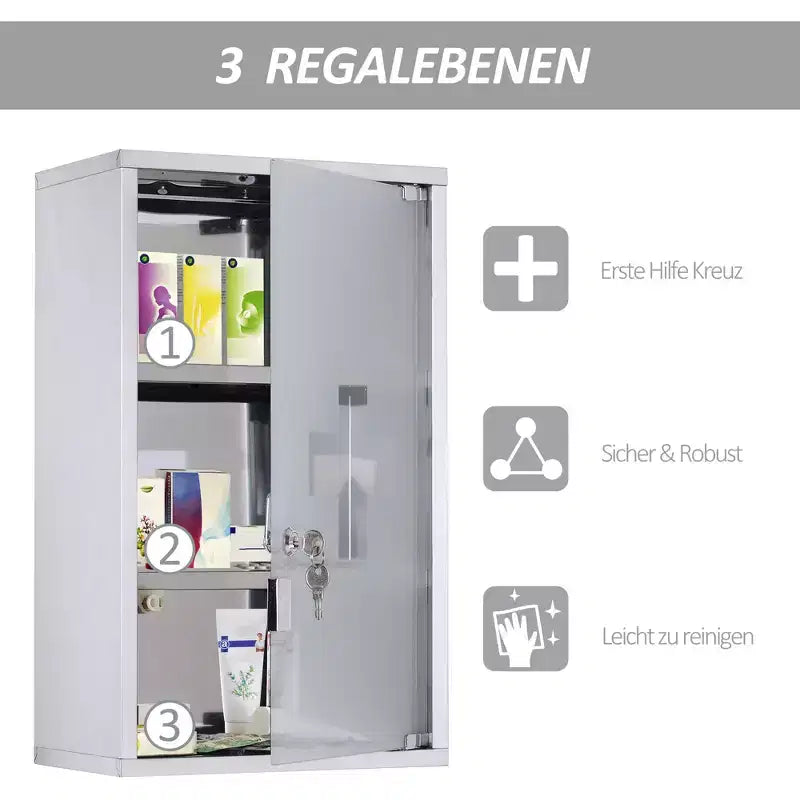 Armoire à pharmacie verrouillable 12 x 20, boîte murale médicale en acier inoxydable à 3 niveaux avec 2 clés et étagères pour salle de bain