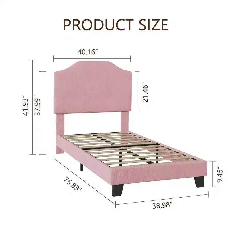 Cadre de lit double en velours, avec revêtement en velours côtelé doux, lattes en bois durables et support sans bruit, aucun sommier tapissier requis, rose
