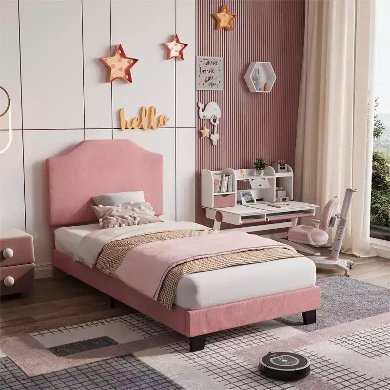 Cadre de lit double en velours, avec revêtement en velours côtelé doux, lattes en bois durables et support sans bruit, aucun sommier tapissier requis, rose